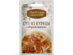 Деревенские лакомства для кошек суп из курицы с говядиной и шпинатом пауч 35гр